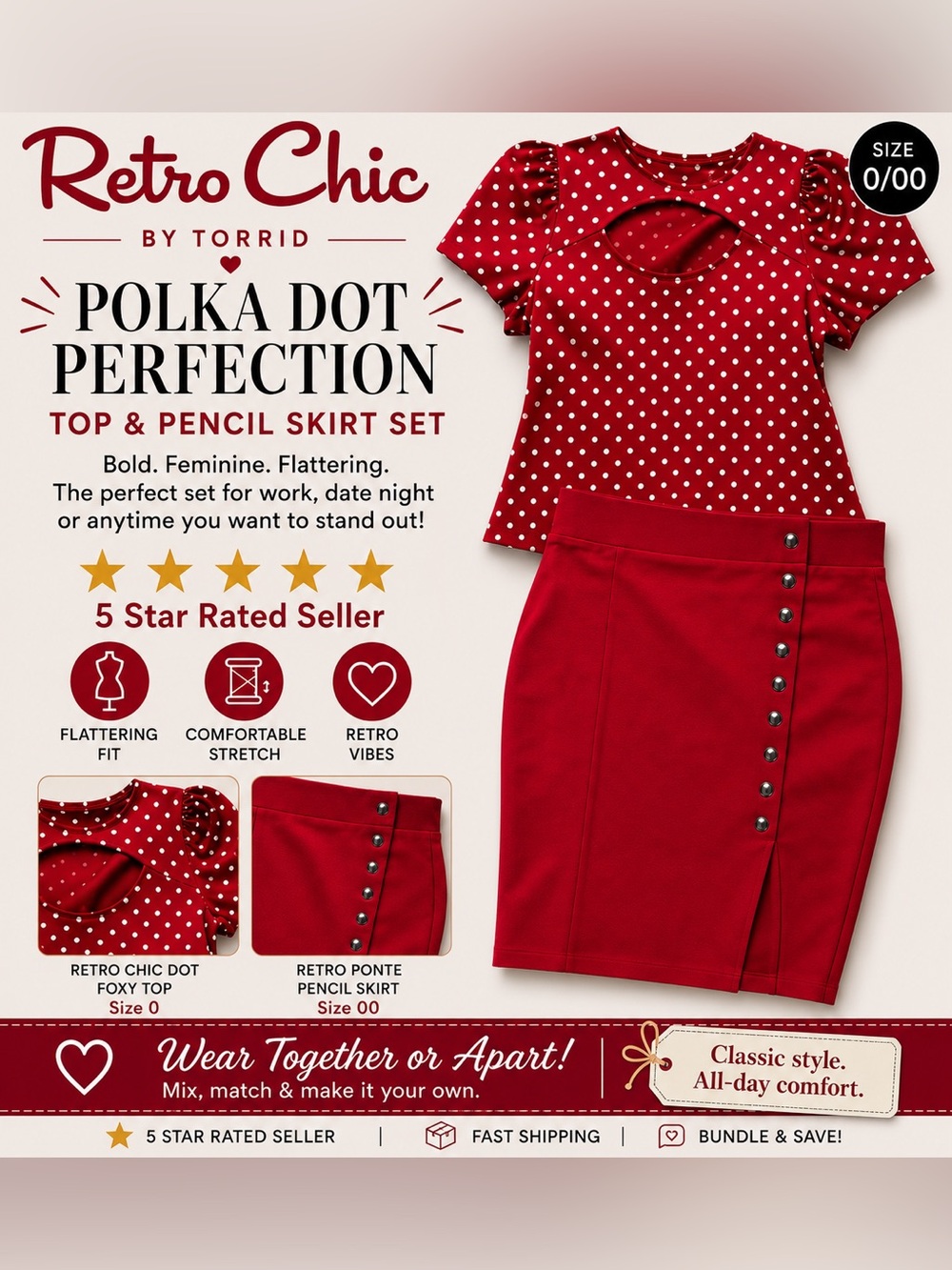 Torrid Retro Chic Polka Dot Top 0 & Ponte Pencil Skirt Set 00 - NWT